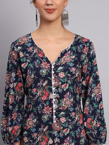Tissu Women's Navy Blue & Green Floral Printed Kurta with Palazzo in Saudi Arabia