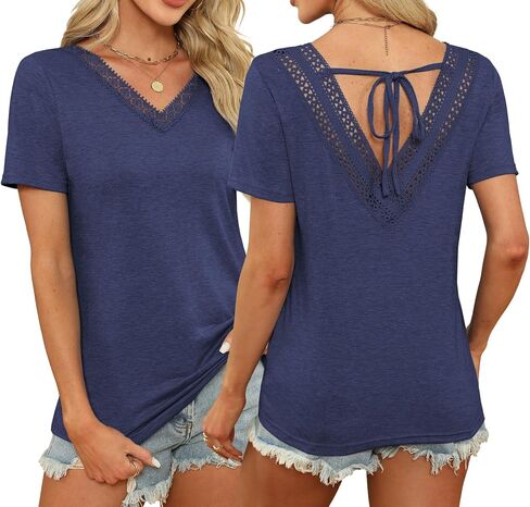 Womens Summer Tops Guipure Lace V Nect T Shirts Short Sleeve Blouses Dressy Casual Tie Back Tee in Saudi Arabia