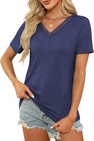 Womens Summer Tops Guipure Lace V Nect T Shirts Short Sleeve Blouses Dressy Casual Tie Back Tee in Saudi Arabia