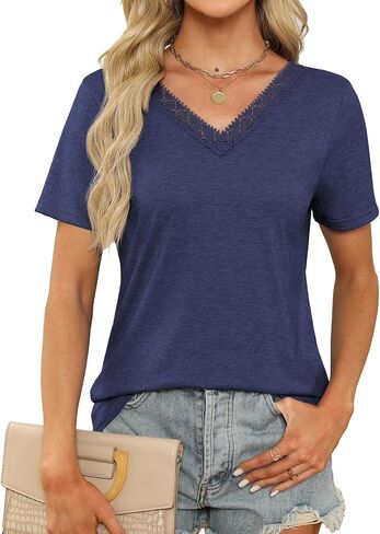 Womens Summer Tops Guipure Lace V Nect T Shirts Short Sleeve Blouses Dressy Casual Tie Back Tee in Saudi Arabia
