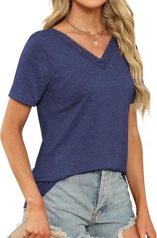 Womens Summer Tops Guipure Lace V Nect T Shirts Short Sleeve Blouses Dressy Casual Tie Back Tee in Saudi Arabia