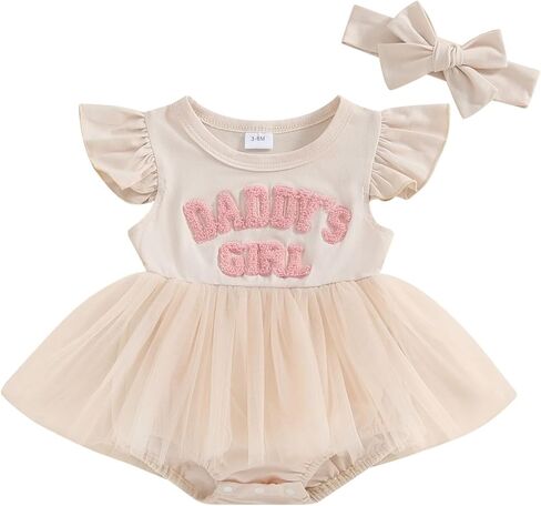 فستان Hnyenmcko لحديثي الولادة من البنات رومبير للرضع بأكمام طويلة وتطريز شبكي وعصابة رأس ملابس صيفية (فتاة الأب-مشمش، 6-12 شهرًا) in Kuwait