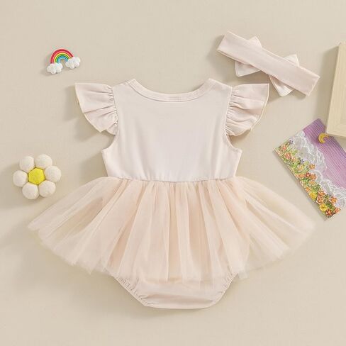 فستان Hnyenmcko لحديثي الولادة من البنات رومبير للرضع بأكمام طويلة وتطريز شبكي وعصابة رأس ملابس صيفية (فتاة الأب-مشمش، 6-12 شهرًا) in Kuwait