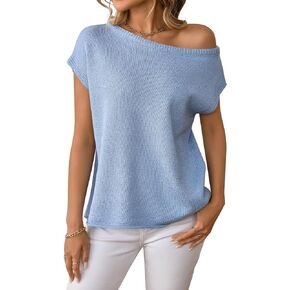 Womens Off One Shoulder Short Sleeve Sweater Summer Casual Knit Trendy Going Out Tops T Shirts in Kuwait