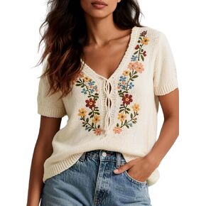 utcoco Women's Y2K Floral Embroidered Tie V Neck Knit Top Boho Short Sleeve Sweater Vintage Pullover in Saudi Arabia