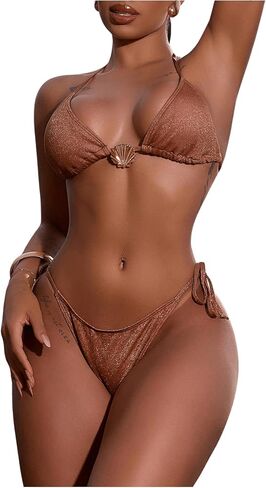 Milumia Women's Shiny Bikini Sets Shell Decor Halter Bikini Swimsuit Two Piece Bathing Suits in Saudi Arabia