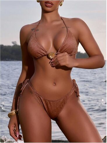 Milumia Women's Shiny Bikini Sets Shell Decor Halter Bikini Swimsuit Two Piece Bathing Suits in Saudi Arabia
