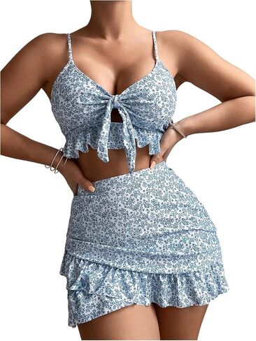 Women's 3 Piece Bikini Set Floral Print Ruffle Hem Bathing Suit with Cover Up Skirt in Saudi Arabia
