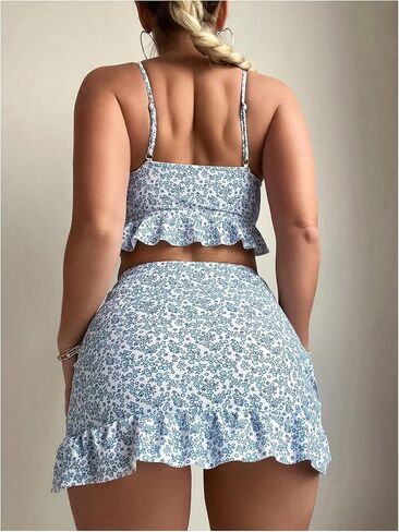 Women's 3 Piece Bikini Set Floral Print Ruffle Hem Bathing Suit with Cover Up Skirt in Saudi Arabia