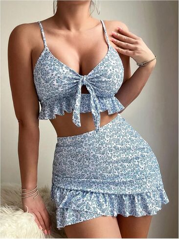 Women's 3 Piece Bikini Set Floral Print Ruffle Hem Bathing Suit with Cover Up Skirt in Saudi Arabia