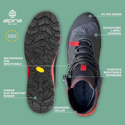 Alpina PERFORMANCE Men's Waterproof Boots with Microfiber Fiber Upper and Sympatex Bretahable Membrane | Vibram | Lightweight | Made in Europe in Saudi Arabia