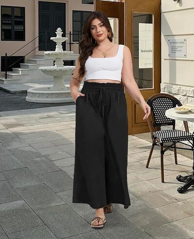 2025 Plus Size Wide Leg Pants Woman Printed Flowy Pants with Pockets Casual Summer Pants Floral Beach Trousers in Saudi Arabia
