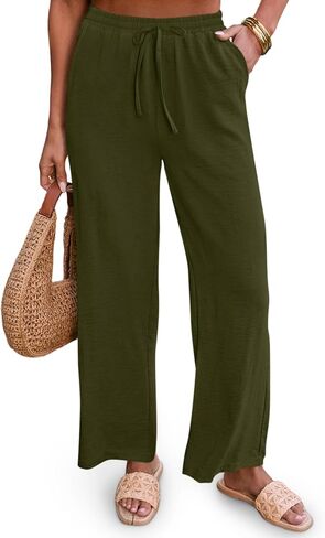 Diosun Womens Casual Palazzo Pants High Waisted Wide Leg Long Lounge Elastic Drawstring Waist Trousers with Pockets in Kuwait