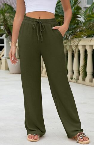 Diosun Womens Casual Palazzo Pants High Waisted Wide Leg Long Lounge Elastic Drawstring Waist Trousers with Pockets in Kuwait