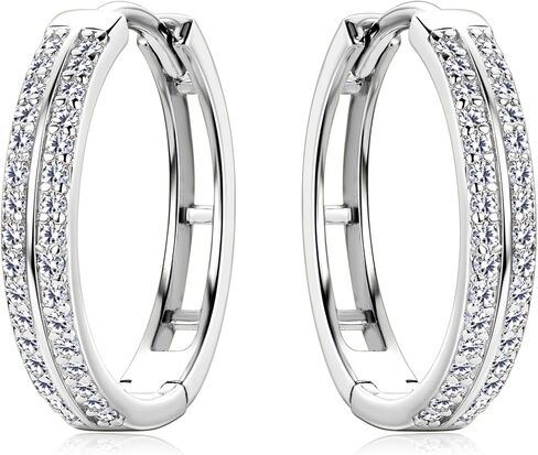 18K Gold over S925 Sterling Silver Double Row Diamond Hoop Earrings for Women, D Color Huggie Prong Setting, Stylish Gift for Girlfriend on Valentine's Day in Saudi Arabia