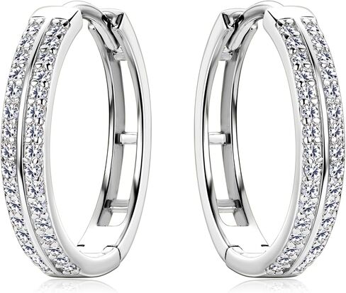 18K Gold over S925 Sterling Silver Double Row Diamond Hoop Earrings for Women, D Color Huggie Prong Setting, Stylish Gift for Girlfriend on Valentine's Day in Saudi Arabia