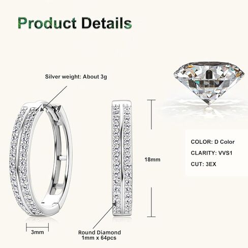 18K Gold over S925 Sterling Silver Double Row Diamond Hoop Earrings for Women, D Color Huggie Prong Setting, Stylish Gift for Girlfriend on Valentine's Day in Saudi Arabia