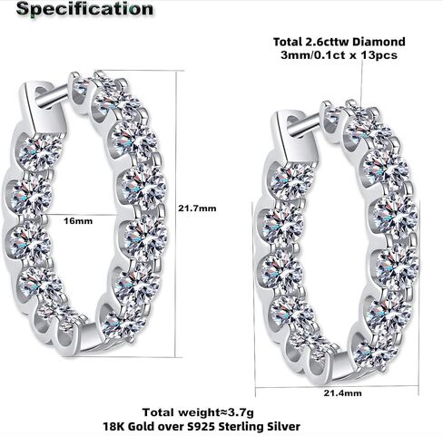 18K Gold over S925 Sterling Silver Diamond Hoop Earrings for Women, 2.6cttw D Color Round Cut, Huggie Earring Thoughtful Gift for Women on Christmas in Saudi Arabia