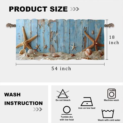 1 Panel Beach Seashells Curtain Valance for Windows, Coastal Ocean Starfish Rod Pocket Short Window Treatment Decor Drapes for Kitchen, Bathroom, 54" X 18" in Saudi Arabia