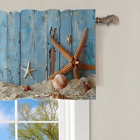 1 Panel Beach Seashells Curtain Valance for Windows, Coastal Ocean Starfish Rod Pocket Short Window Treatment Decor Drapes for Kitchen, Bathroom, 54" X 18" in Saudi Arabia