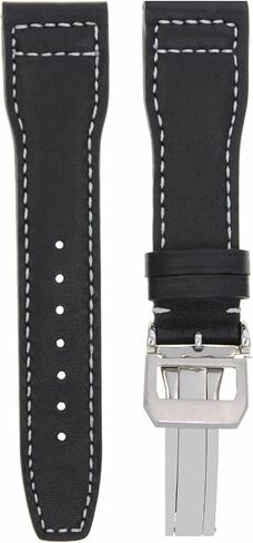 Ewatchparts 21mm Leather Watch Band Strap Compatible With IWC Pilot Portuguese Watch Clasp Black With White Stitching in Saudi Arabia