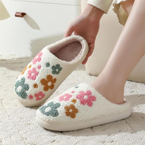 Cute Plush Slippers for Women and Men with Embroidered Flower Cactus Bow or Letter Design Memory Foam Lined Indoor House Shoes with Soft Sole Unisex Fit Cozy and Stylish in Saudi Arabia