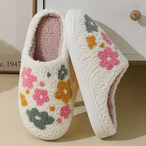 Cute Plush Slippers for Women and Men with Embroidered Flower Cactus Bow or Letter Design Memory Foam Lined Indoor House Shoes with Soft Sole Unisex Fit Cozy and Stylish in Saudi Arabia