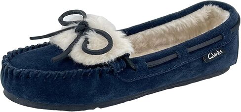 Clarks Womens Folded Tongue Leather Moccasin Slipper ICH30746C - Plush Faux Fur Lining - Indoor Outdoor House Slippers For Women (9 M US, Navy) in Saudi Arabia