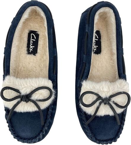 Clarks Womens Folded Tongue Leather Moccasin Slipper ICH30746C - Plush Faux Fur Lining - Indoor Outdoor House Slippers For Women (9 M US, Navy) in Saudi Arabia