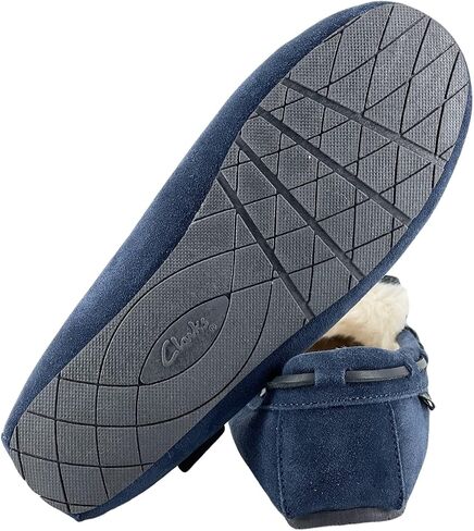 Clarks Womens Folded Tongue Leather Moccasin Slipper ICH30746C - Plush Faux Fur Lining - Indoor Outdoor House Slippers For Women (9 M US, Navy) in Saudi Arabia