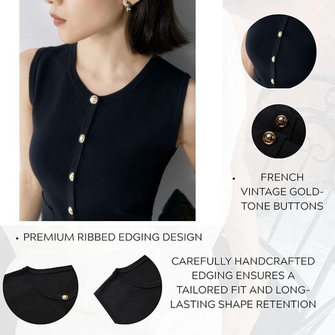 Crew Neck Gold Button Front Sweater Vest Compact Knit Structured Waistcoat Tank Top Minimalist Style in Saudi Arabia