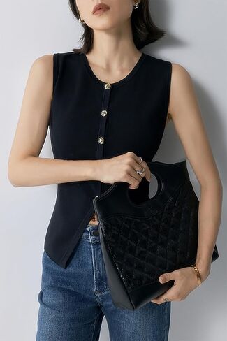 Crew Neck Gold Button Front Sweater Vest Compact Knit Structured Waistcoat Tank Top Minimalist Style in Saudi Arabia