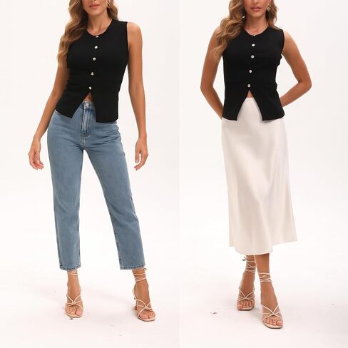 Crew Neck Gold Button Front Sweater Vest Compact Knit Structured Waistcoat Tank Top Minimalist Style in Saudi Arabia
