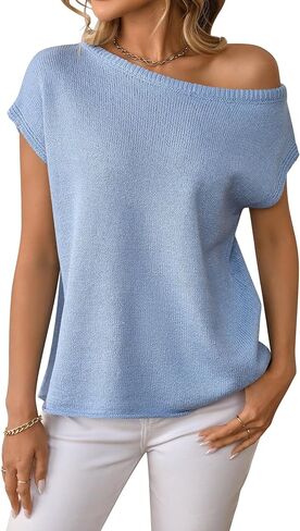 Womens Off One Shoulder Short Sleeve Sweater Summer Casual Knit Trendy Going Out Tops T Shirts in Kuwait