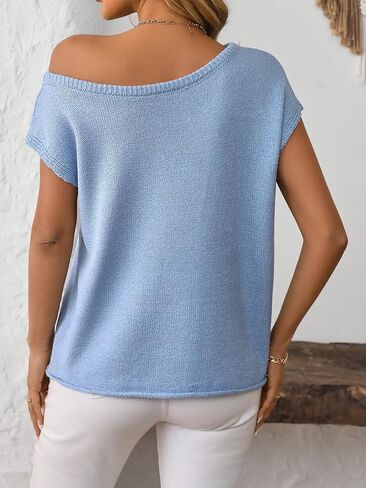 Womens Off One Shoulder Short Sleeve Sweater Summer Casual Knit Trendy Going Out Tops T Shirts in Kuwait