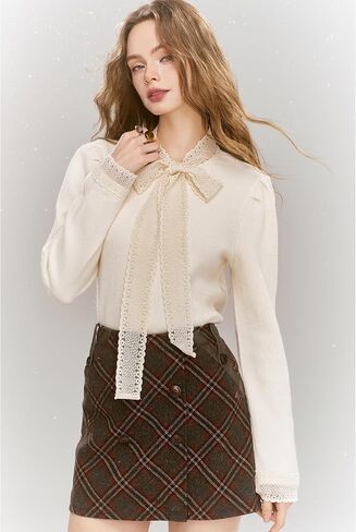 Womens Pullover Sweater Top Bow-Tie Neck Knitwear Lace Stitching Elegant in Saudi Arabia