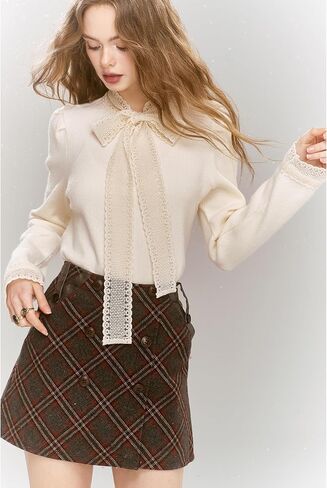Womens Pullover Sweater Top Bow-Tie Neck Knitwear Lace Stitching Elegant in Saudi Arabia
