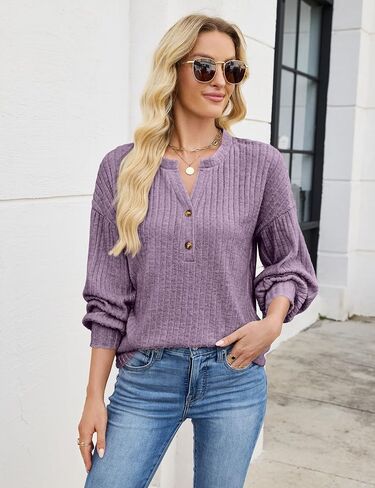 Edelqual Long Sleeve Shirts for Women Casual Fall Tops Henley V Neck Light Sweaters Tunic 2025 Fashion Trendy Clothes in Saudi Arabia