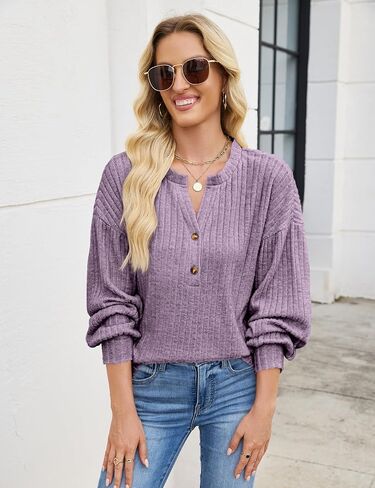 Edelqual Long Sleeve Shirts for Women Casual Fall Tops Henley V Neck Light Sweaters Tunic 2025 Fashion Trendy Clothes in Saudi Arabia