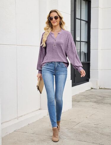 Edelqual Long Sleeve Shirts for Women Casual Fall Tops Henley V Neck Light Sweaters Tunic 2025 Fashion Trendy Clothes in Saudi Arabia