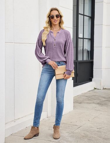 Edelqual Long Sleeve Shirts for Women Casual Fall Tops Henley V Neck Light Sweaters Tunic 2025 Fashion Trendy Clothes in Saudi Arabia