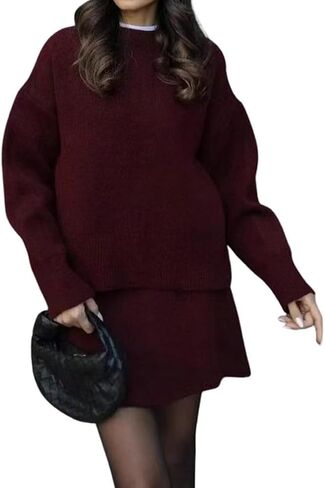 chouyatou Women's 2 Piece Sweater Skirt Sets Casual Loose Pullover Tops Mini Knitted Skirt Two Piece Outfits in Kuwait