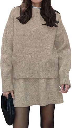 chouyatou Women's 2 Piece Sweater Skirt Sets Casual Loose Pullover Tops Mini Knitted Skirt Two Piece Outfits in Kuwait