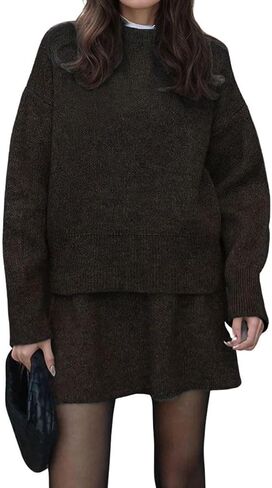 chouyatou Women's 2 Piece Sweater Skirt Sets Casual Loose Pullover Tops Mini Knitted Skirt Two Piece Outfits in Kuwait