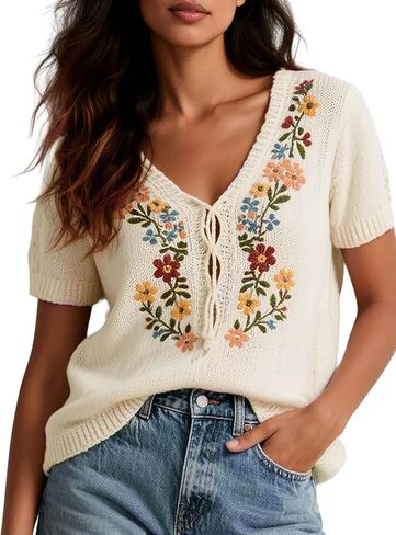 utcoco Women's Y2K Floral Embroidered Tie V Neck Knit Top Boho Short Sleeve Sweater Vintage Pullover in Saudi Arabia