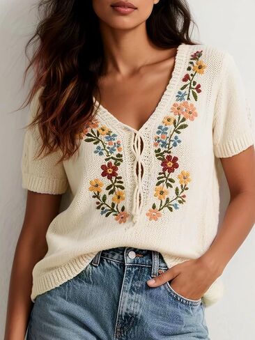 utcoco Women's Y2K Floral Embroidered Tie V Neck Knit Top Boho Short Sleeve Sweater Vintage Pullover in Saudi Arabia