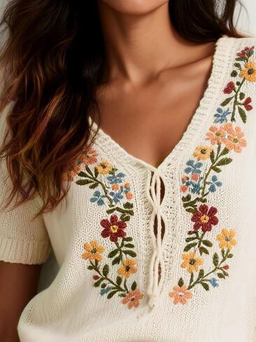 utcoco Women's Y2K Floral Embroidered Tie V Neck Knit Top Boho Short Sleeve Sweater Vintage Pullover in Saudi Arabia