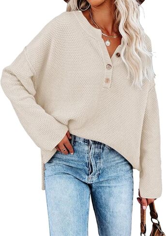Pink Queen Women's V Neck Button Sweater Oversized Batwing Long Sleeve Henley Pullover Knit Jumper Top in Saudi Arabia