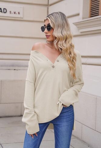 Pink Queen Women's V Neck Button Sweater Oversized Batwing Long Sleeve Henley Pullover Knit Jumper Top in Saudi Arabia