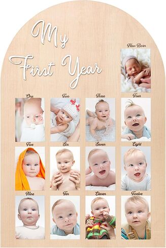 Large My First Year Picture Frame for 4 x 6 Inch Birthday Wooden Photo Board 12 Monthly Photo Display 1st Birthday Decorations Baby Gift for Newborn Keepsake, 33 x 22 Inch in Kuwait